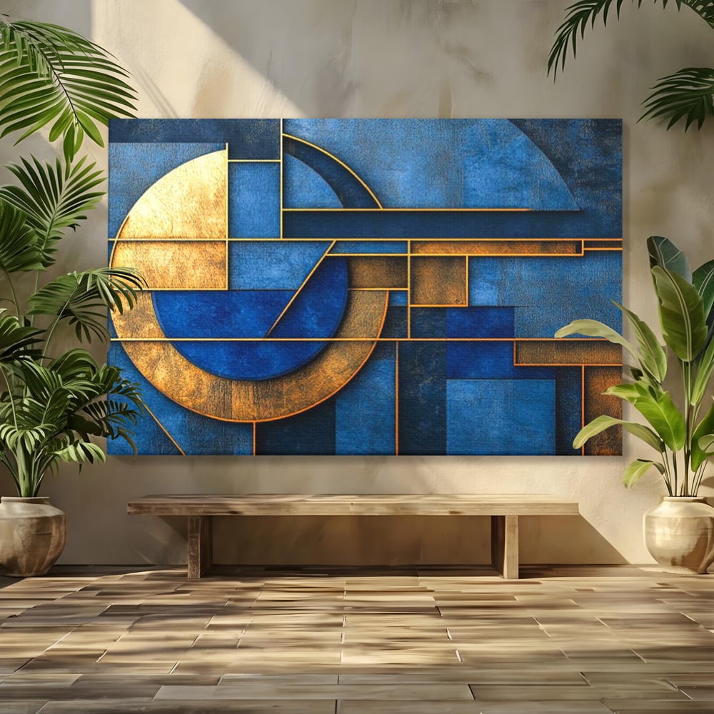 Tablou canvas cu tablou canvas cu forme geometrice albastre si aurii, fara rama, pe sasiu de lemn